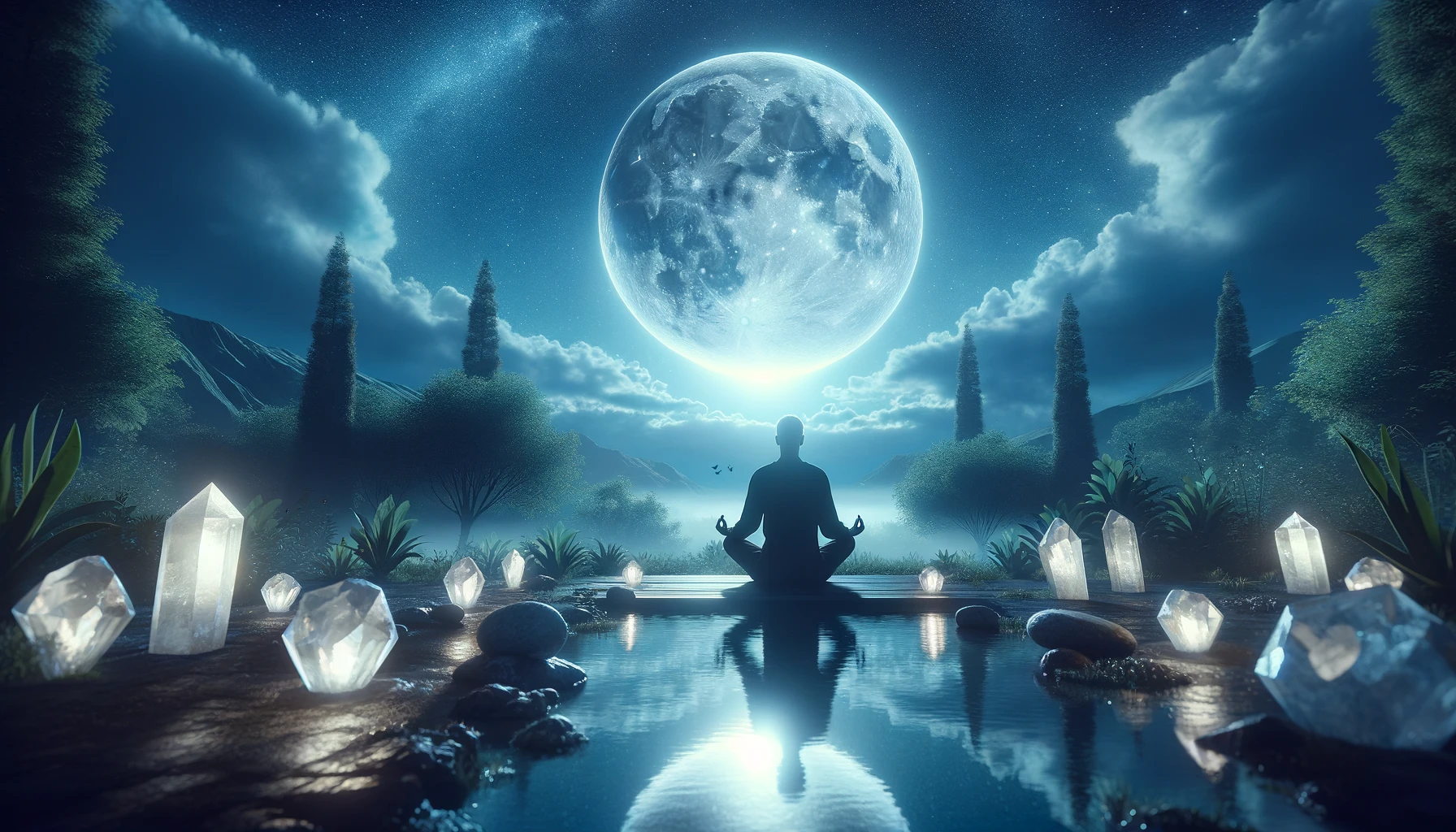 A serene night scene in a tranquil garden under a clear sky illuminated by a full moon