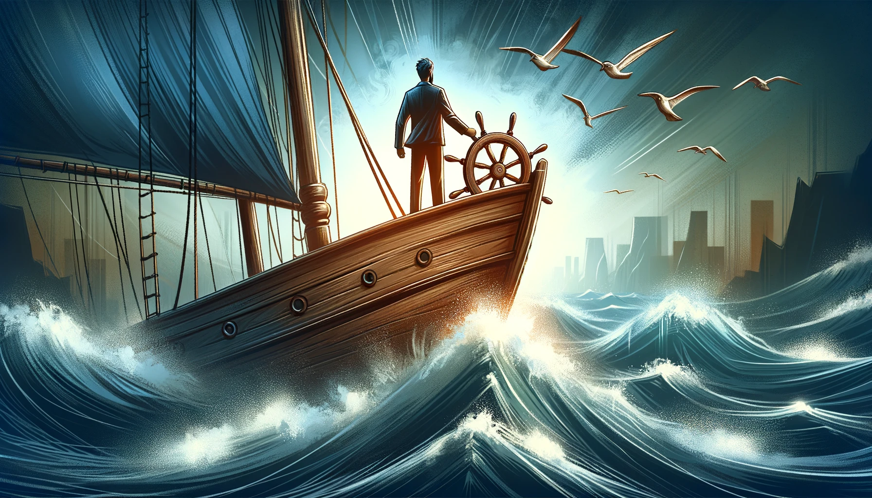 Cultivating a Growth Mindset for Success 13 A leader guiding a ship through turbulent waters, illustrating leadership qualities fostered by a growth mindset.
