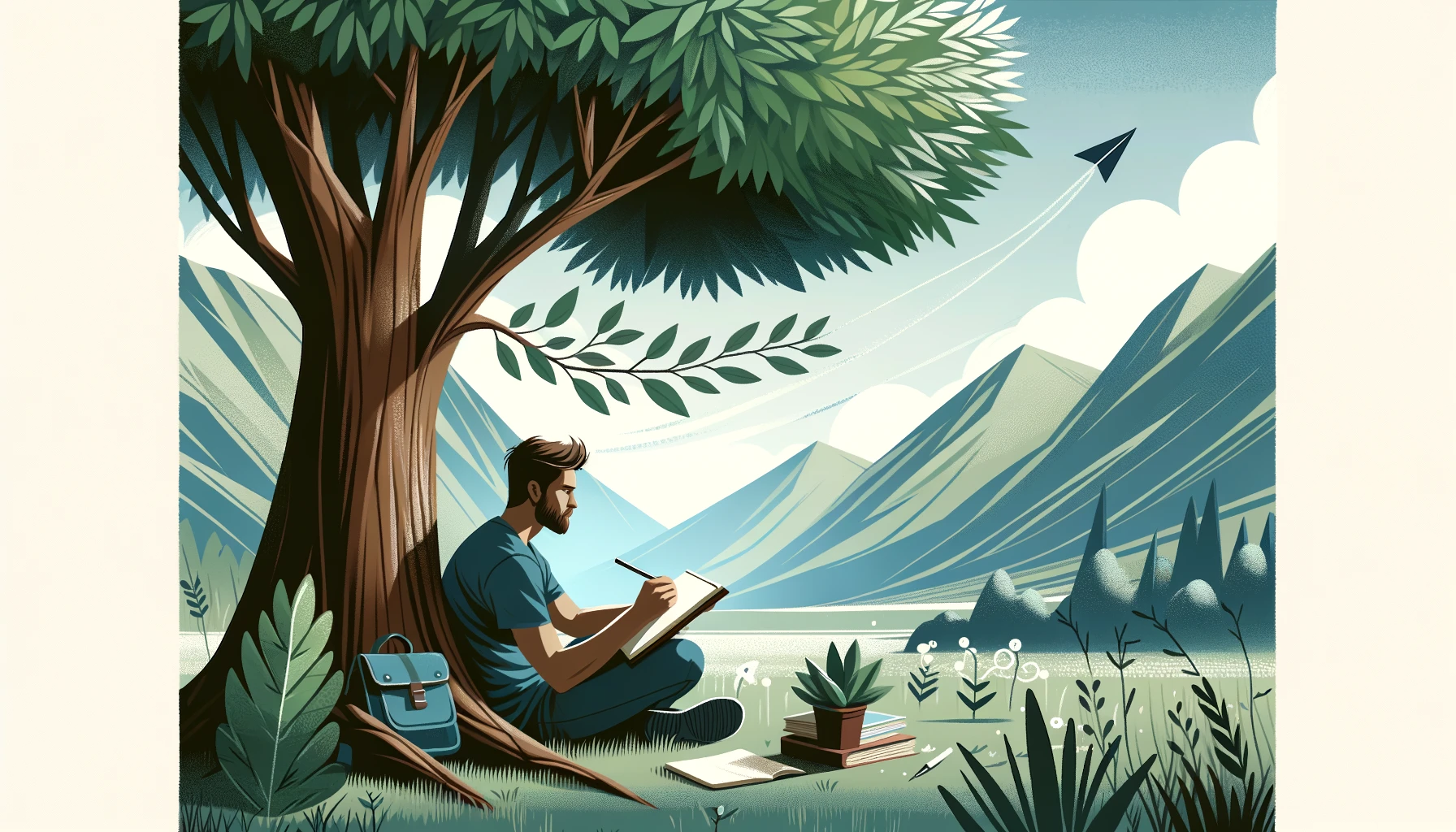 Cultivating a Growth Mindset for Success 16 A person sitting under a tree, absorbed in writing in a journal, representing self-reflection and goal setting for a growth mindset.