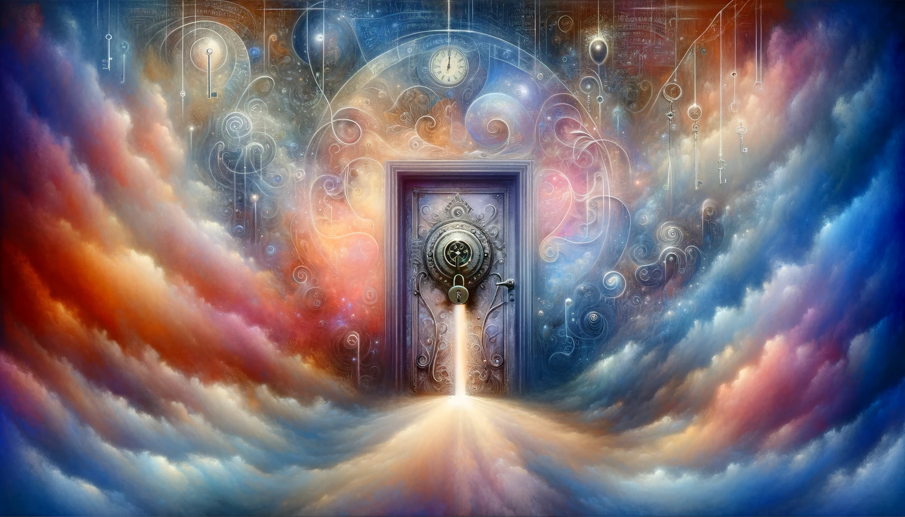 Abstract image of a locked door in a dreamy landscape