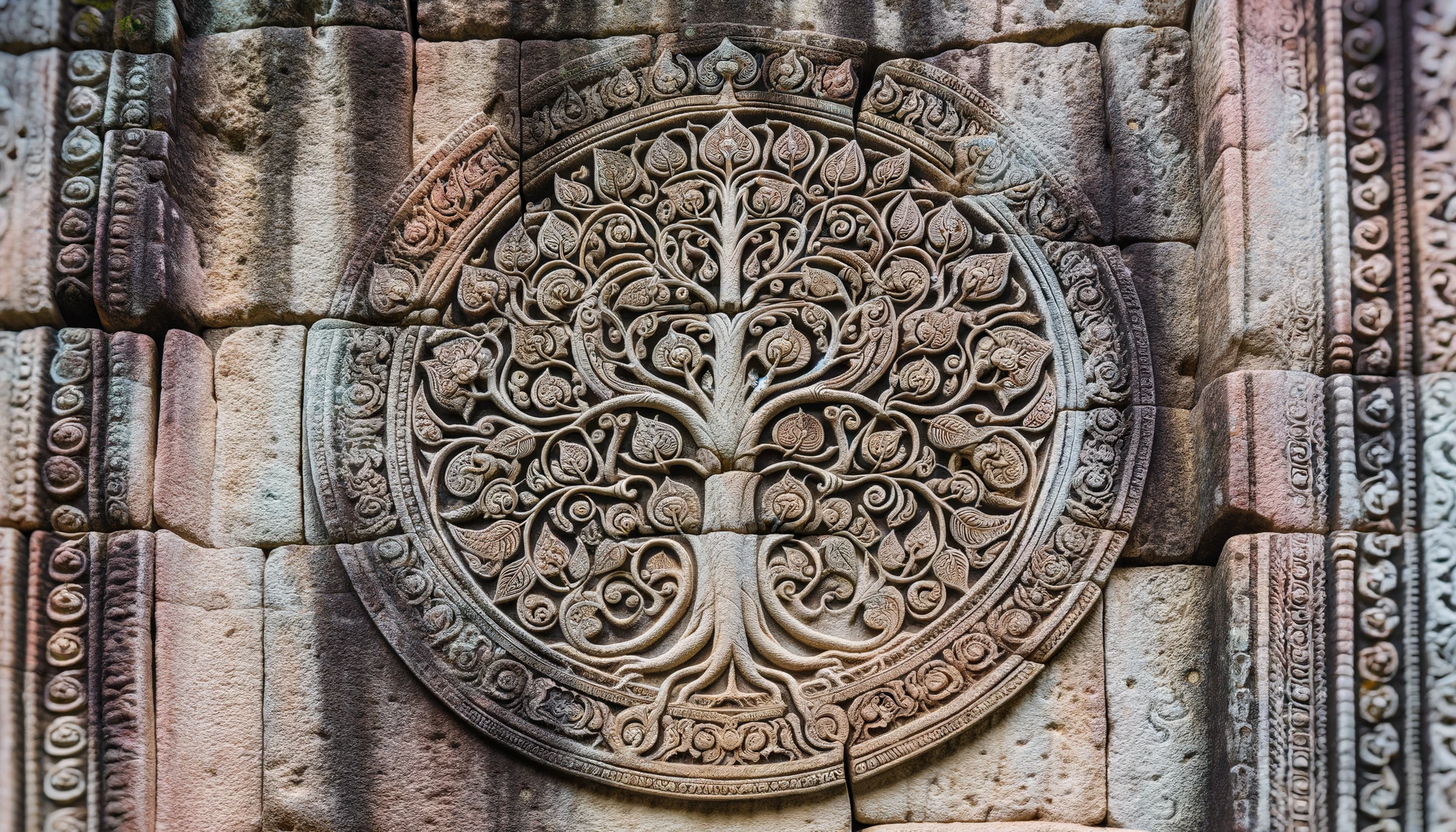 Ancient carving of the Tree of Life on a stone wall implying the meaning in its pattern