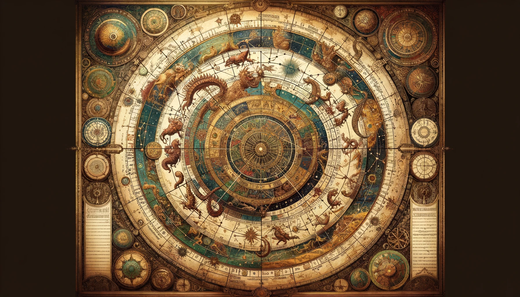 Detailed ancient astronomical chart with constellations and astrological symbols.