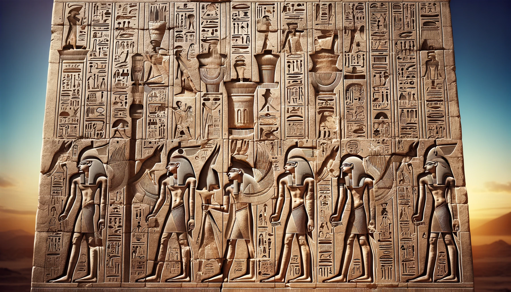 Intricate ancient Egyptian hieroglyphs carved on a temple wall.