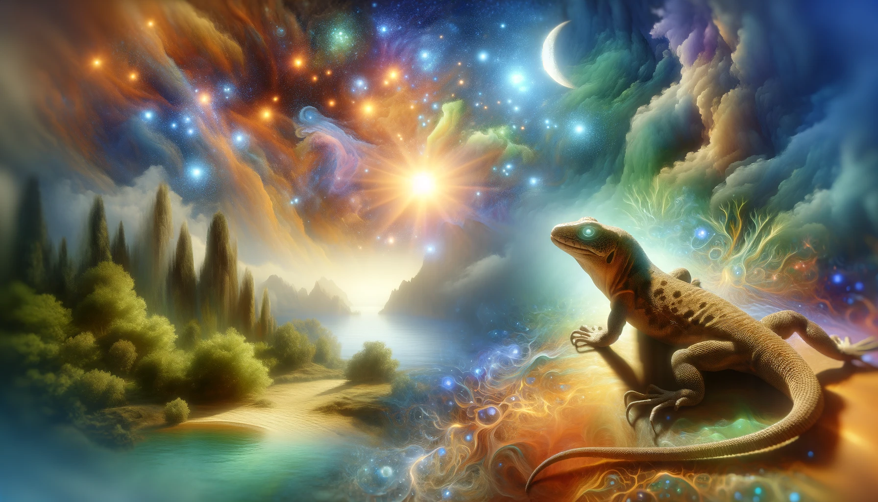 Lizard Spiritual Meanings & Secrets 10 Mystical lizard in a dream landscape, symbolizing spiritual messages.