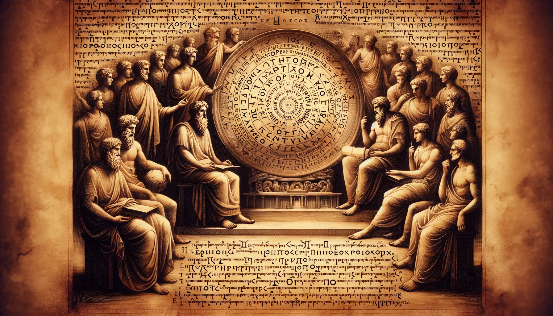 Pages of ancient Greek philosophical texts with classical Greek script.