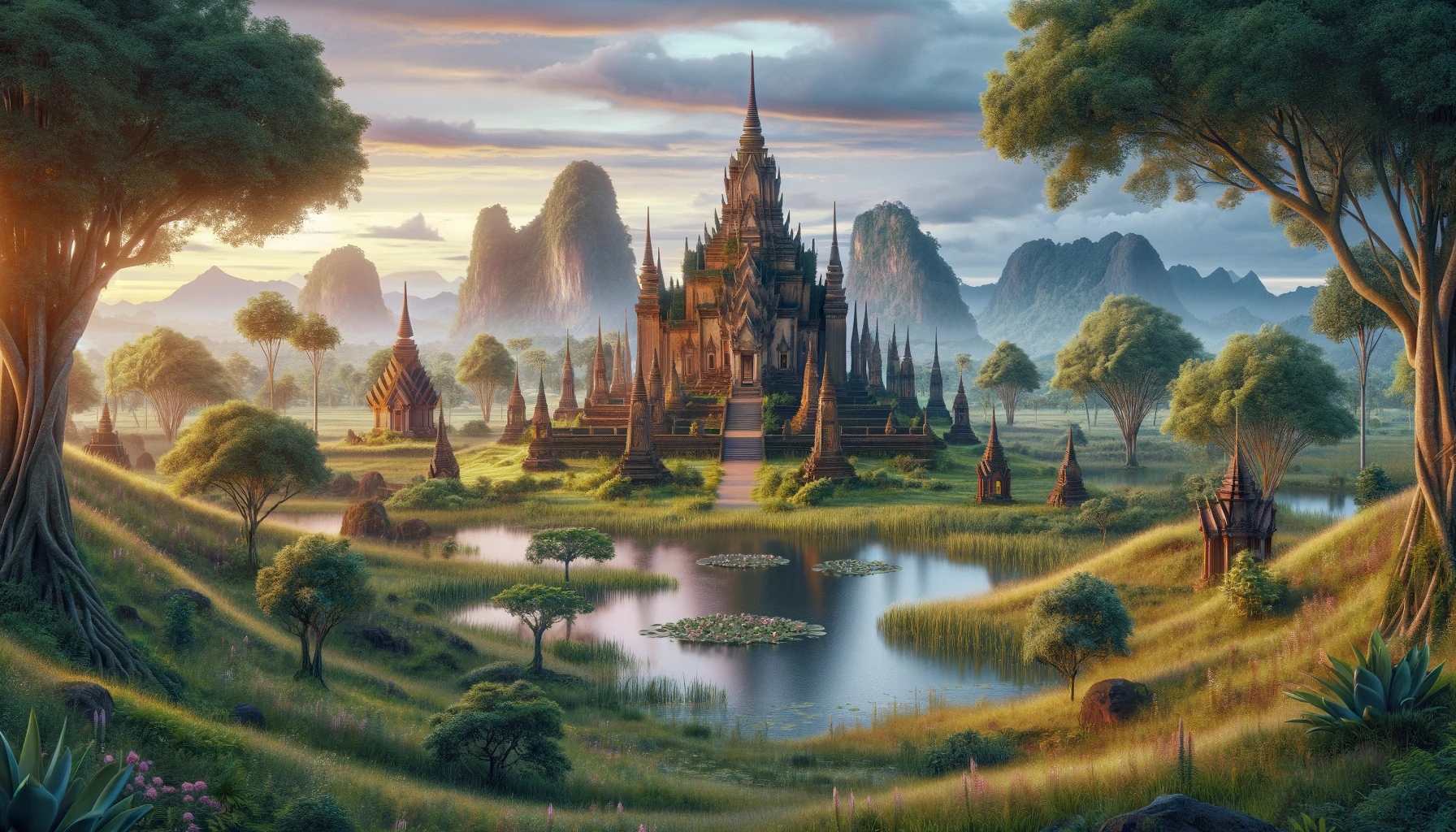 Serene landscape showing an ancient Buddhist temple amidst nature.