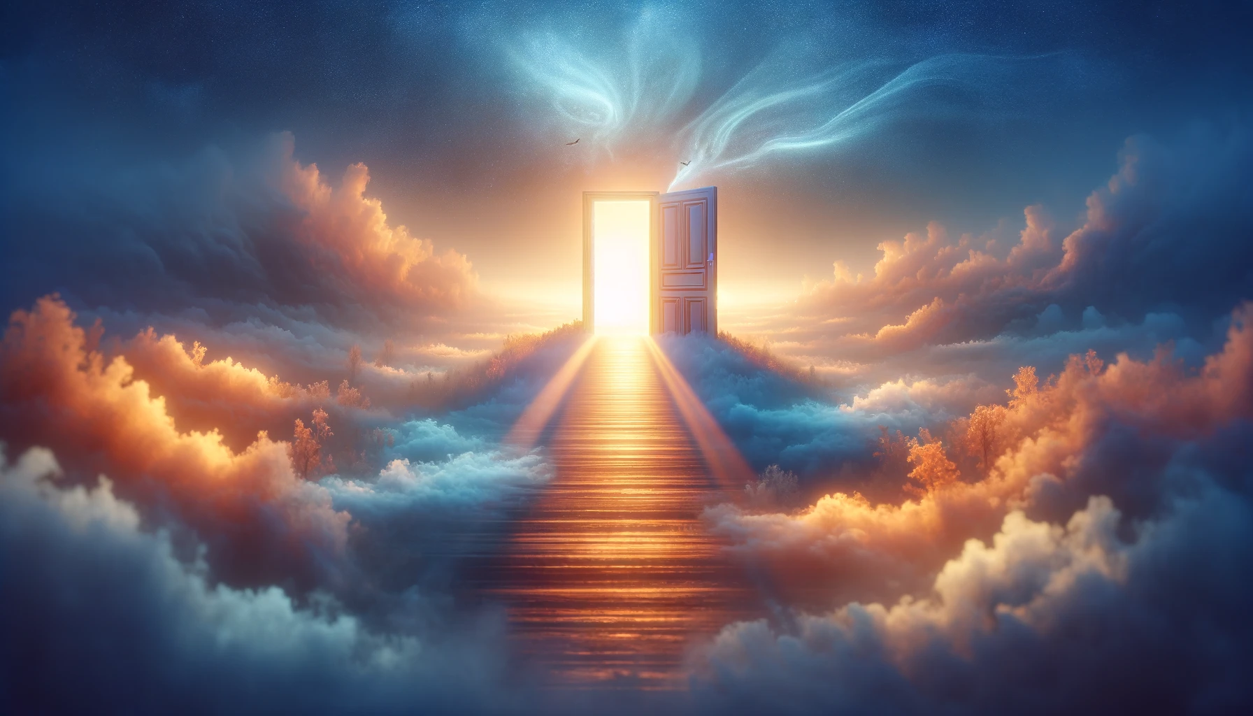 Serene landscape with a pathway leading to an open door bathed in warm light