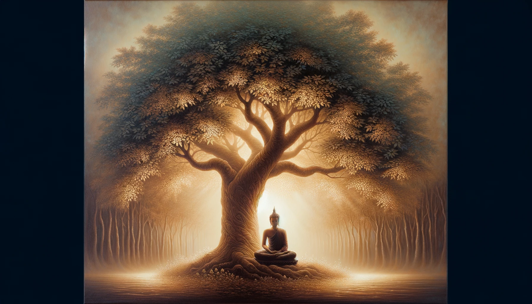 Serene painting of the Bodhi Tree with soft, glowing light.