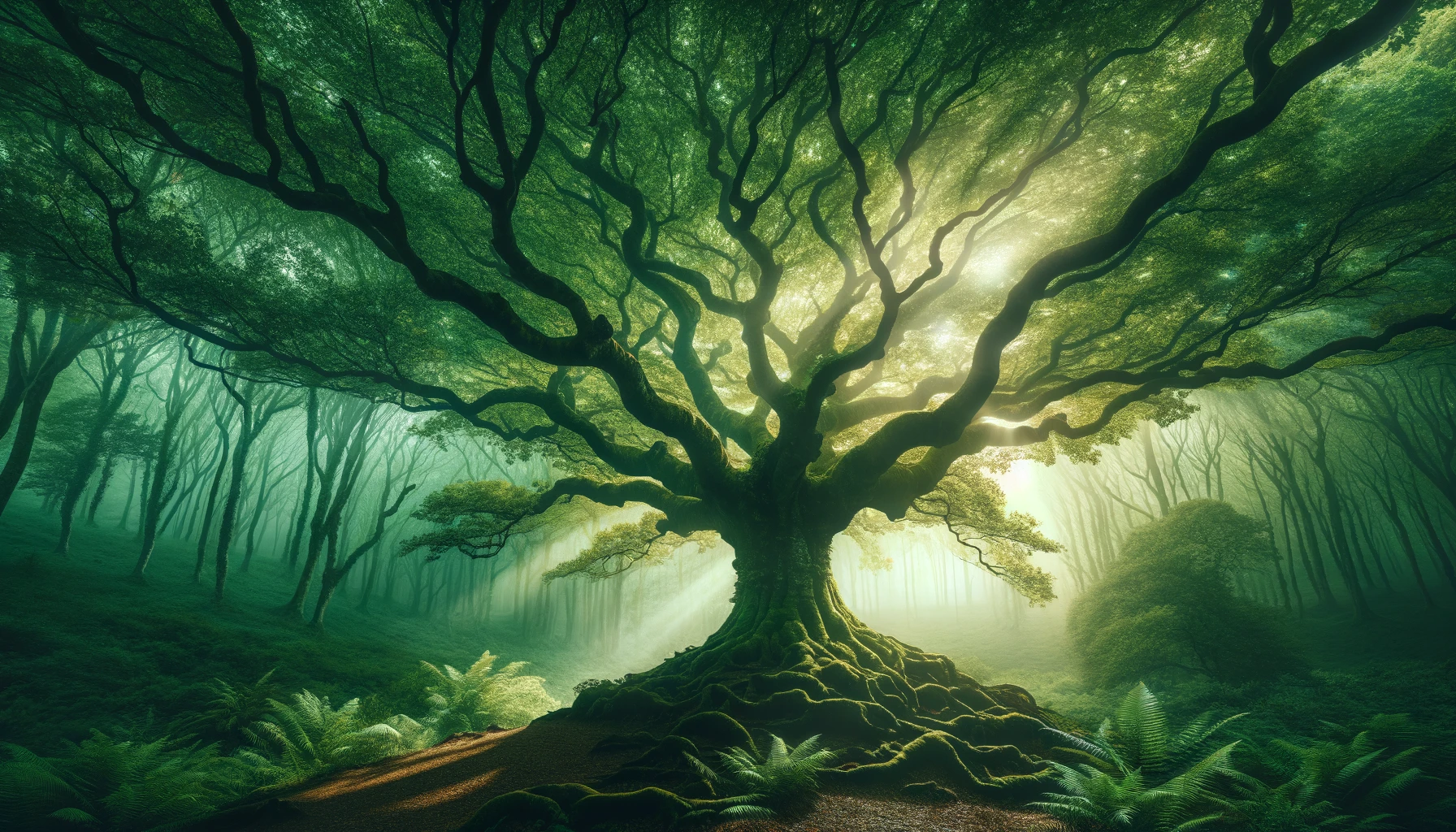 Sprawling oak tree symbolizing the Tree of Life in a lush forest.