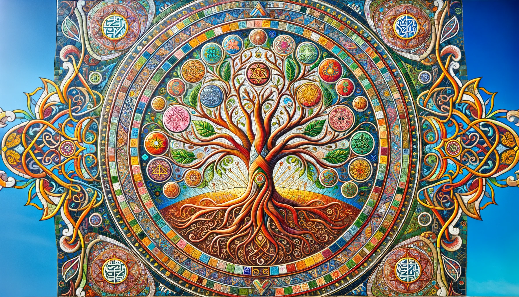 Ancient carving of the Tree of Life on a stone wall implying the meaning in its pattern