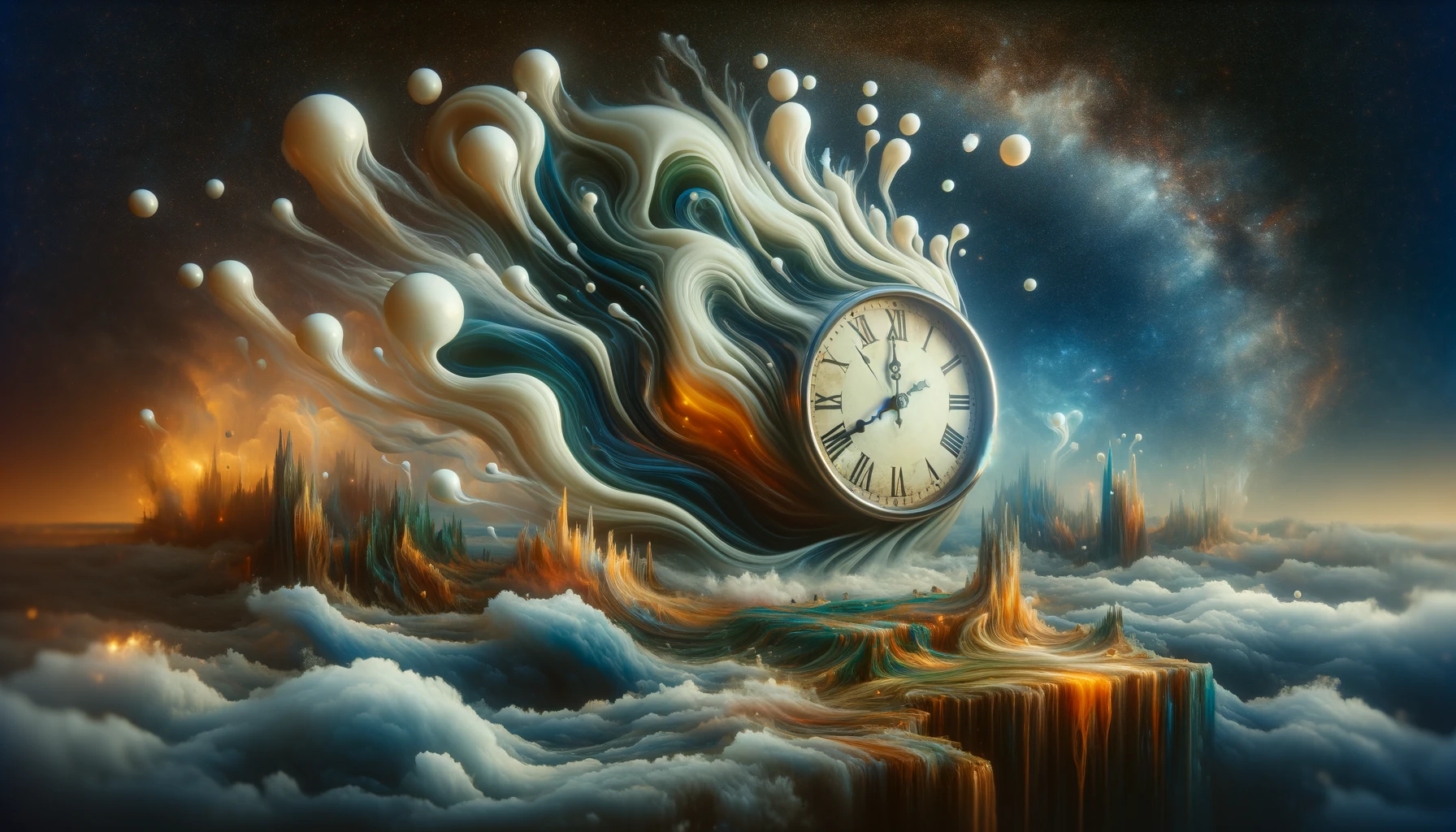 The Mystery of Warning Dreams 9 A surreal melting clock in a dreamlike landscape.