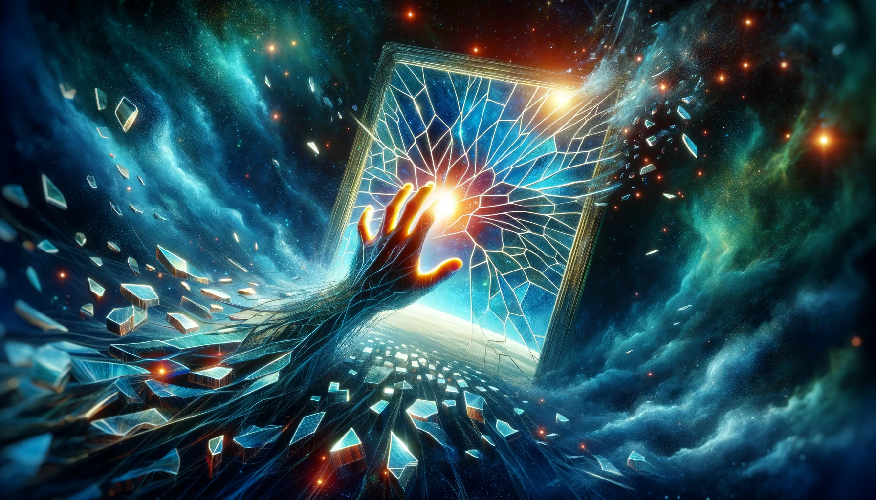 Hidden Meanings of Dream of Broken Glass 7 Hand reaching towards a mirror with broken glass, symbolizing self-reflection in a dream.