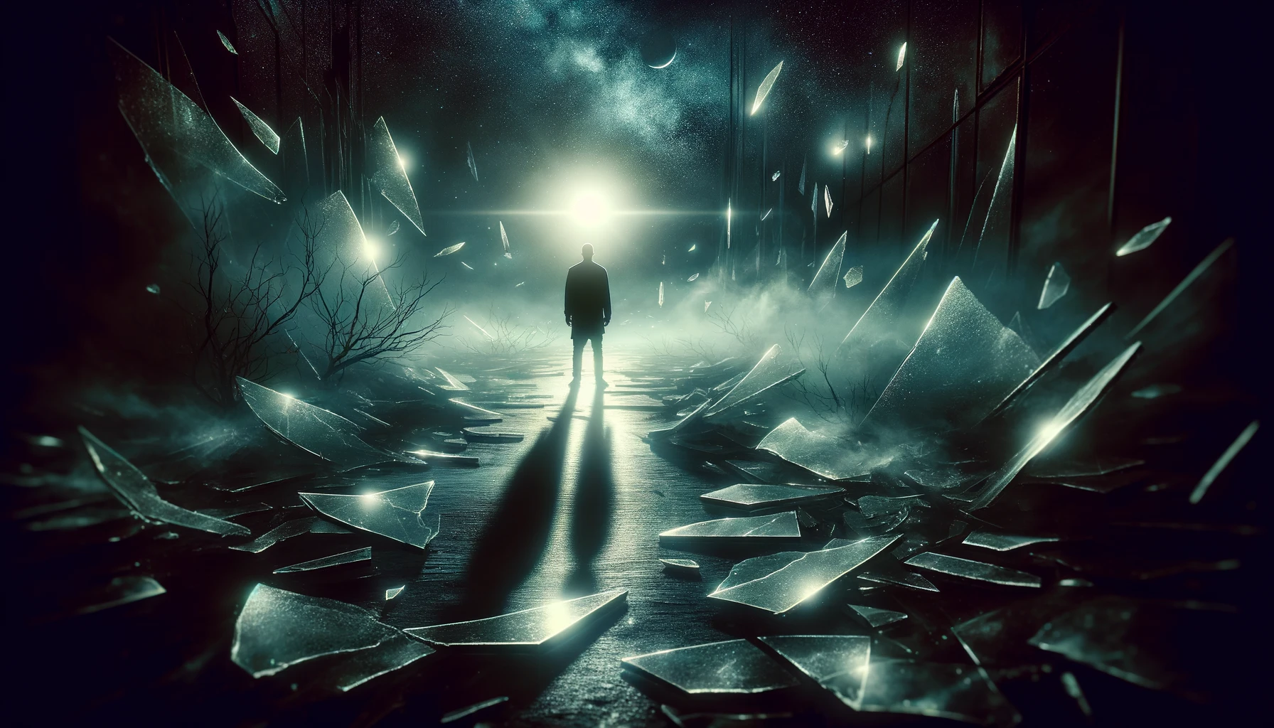 Hidden Meanings of Dream of Broken Glass 5 Shadowy figure amidst shattered glass, symbolizing the complexity of dreams involving broken glass.