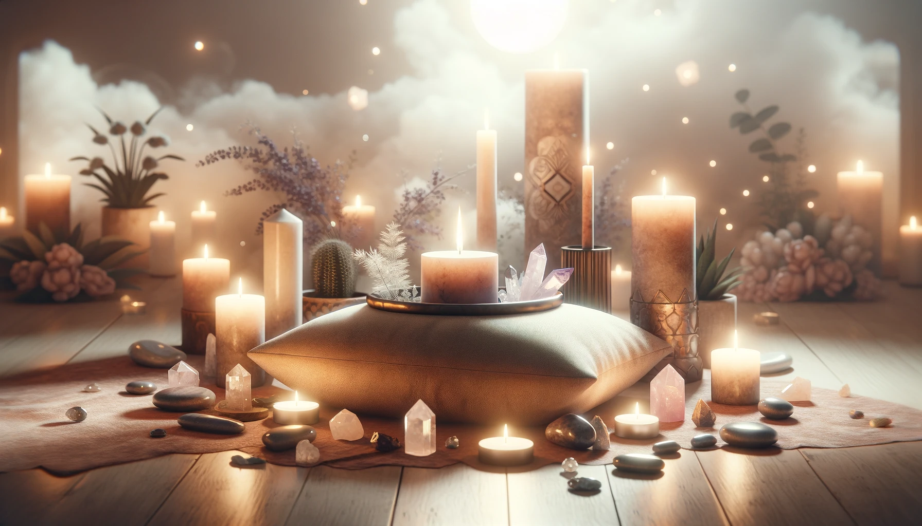 5 Spiritual Meanings Behind Menstrual Problems 10 A calming meditation space with candles and crystals for addressing menstrual problems.