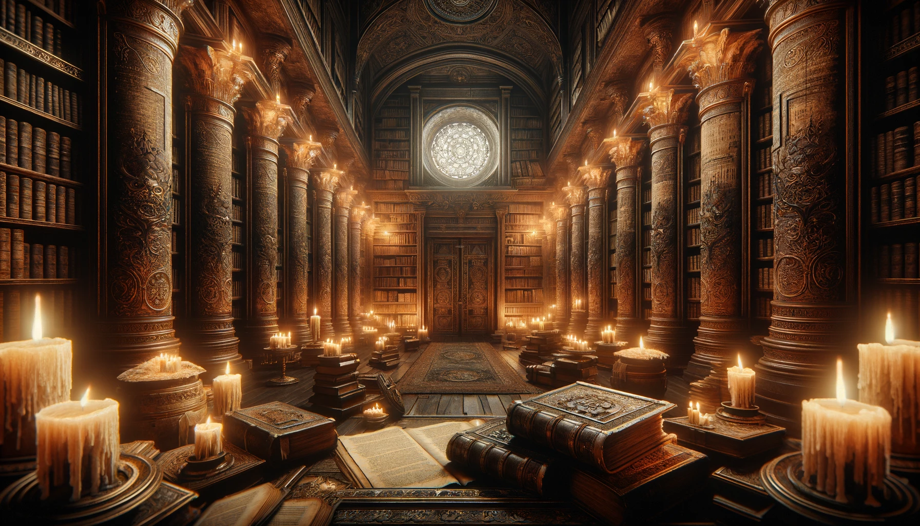 Ancient library with scrolls and candles, evoking history.