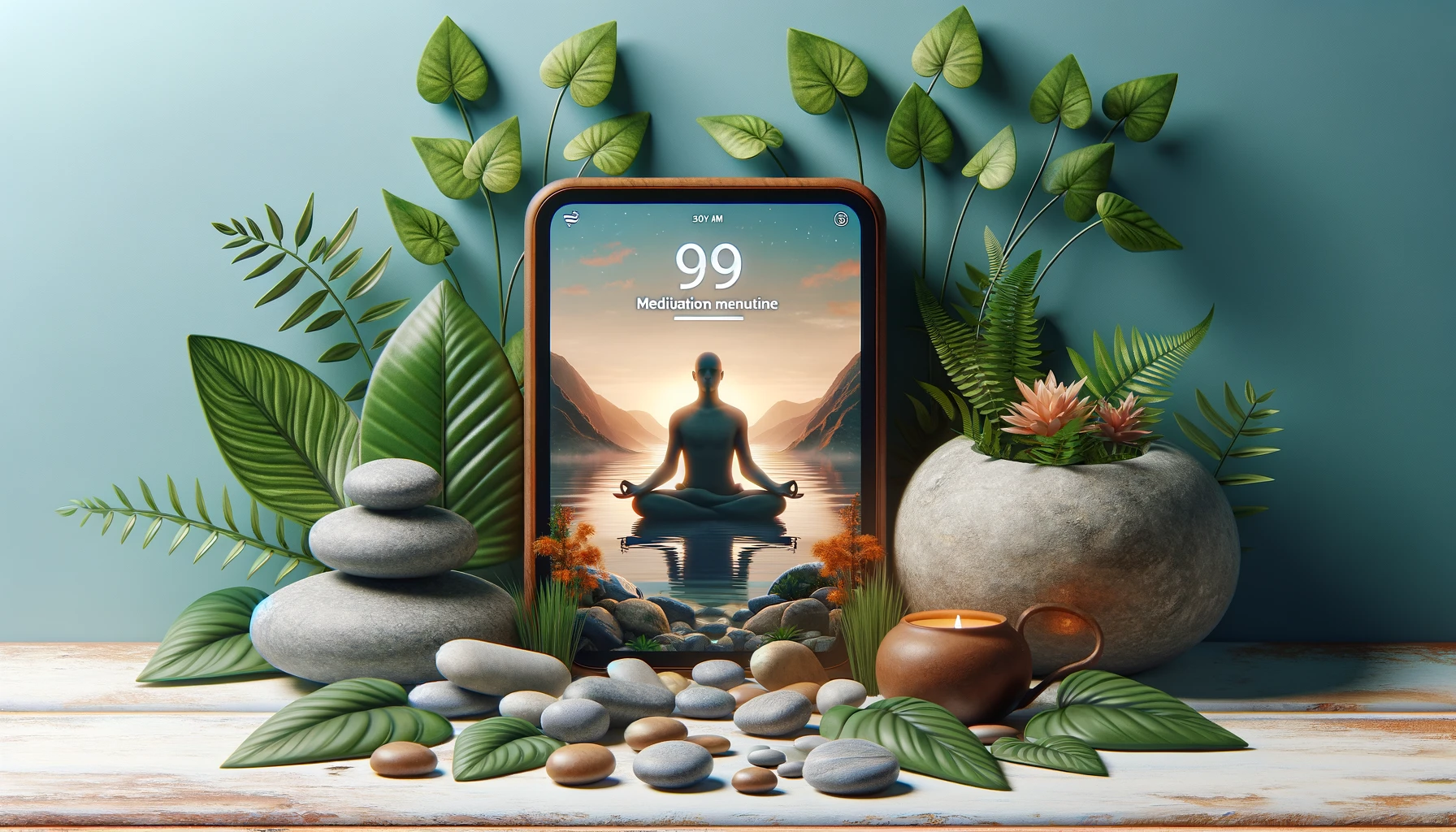 Digital meditation app surrounded by natural elements.