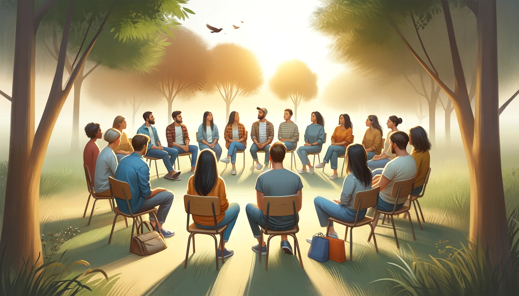Diverse group sharing in a peaceful outdoor setting.