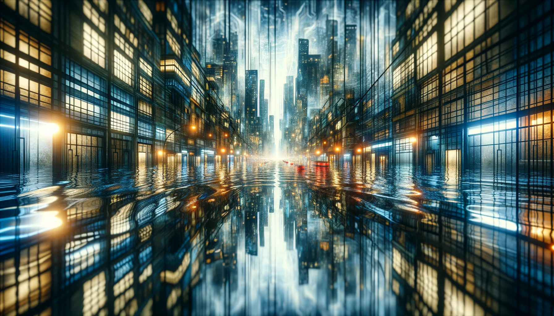 7 Meanings of Dreams About Flooding House 7 Flooded urban street reflecting city lights, illustrating chaos and reflection in dreams about flooding house.