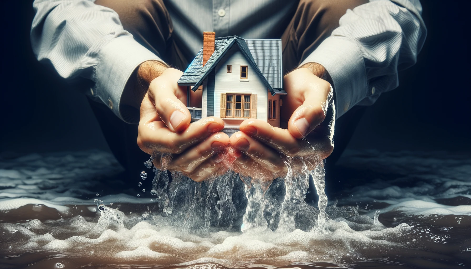 7 Meanings of Dreams About Flooding House 4 Hands holding a model house under pouring water, symbolizing personal impact in dreams about flooding house.
