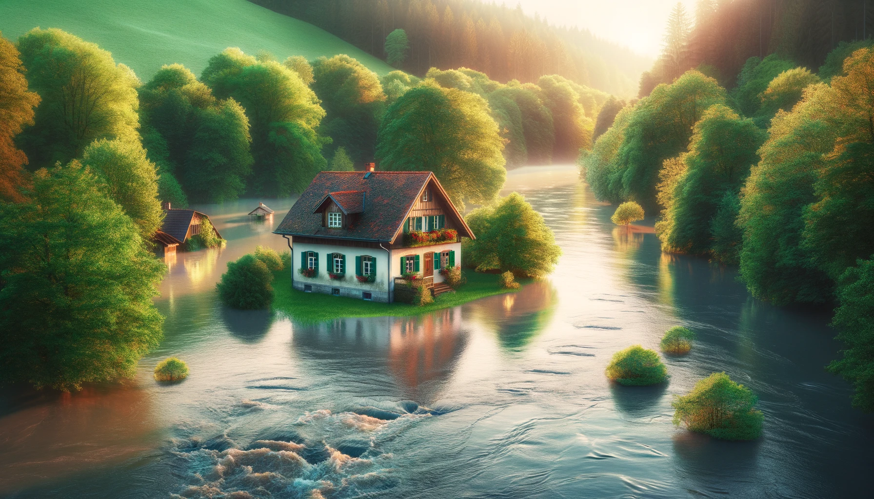 7 Meanings of Dreams About Flooding House 5 Serene river overflowing near a house, reflecting themes of cleansing and renewal in dreams about flooding house.