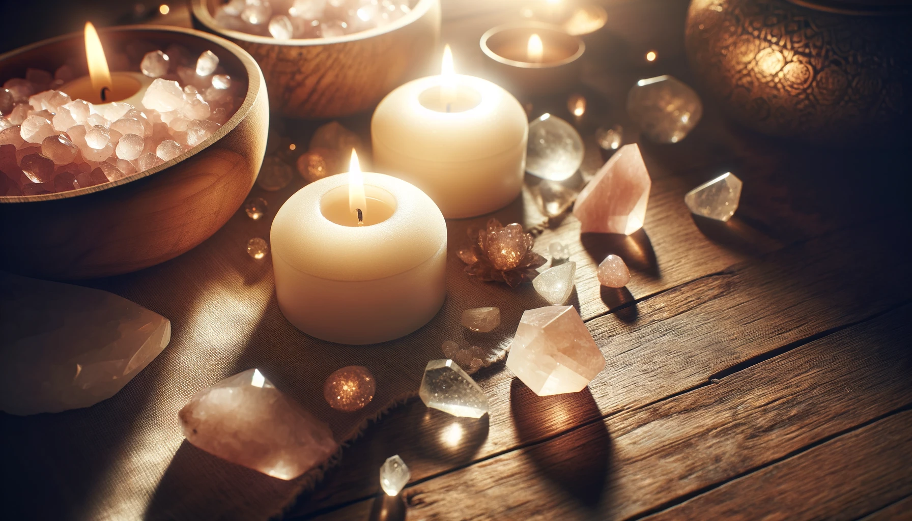5 Spiritual Meanings Behind Menstrual Problems 11 Softly glowing candles and crystals on a wooden surface for spiritual healing of menstrual problems.