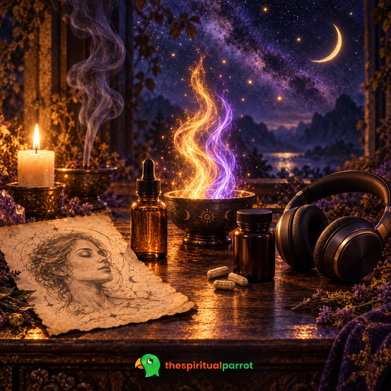 Spiritual products arranged on an altar under a crescent moon